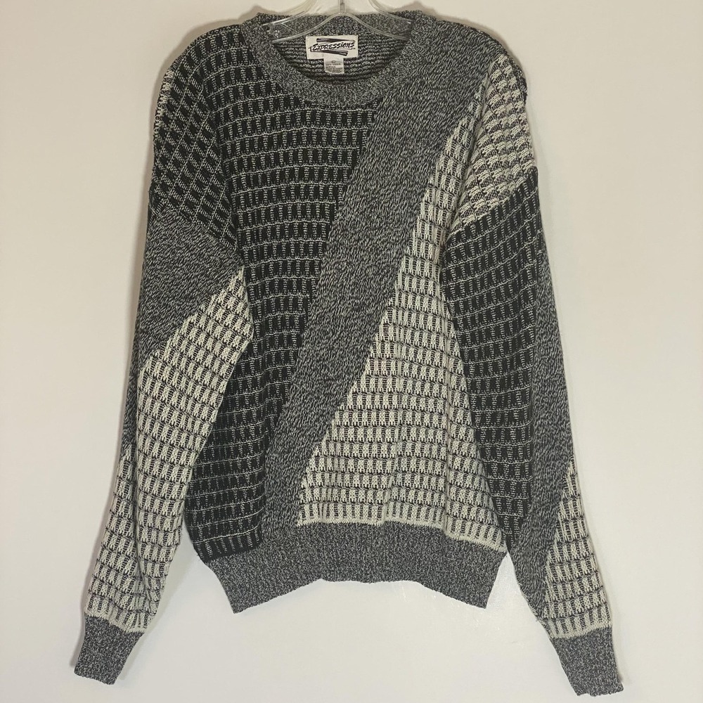 Vintage Expressions Sweater Mens Large Gray Black Geometric Abstract 80s‎ Cosby